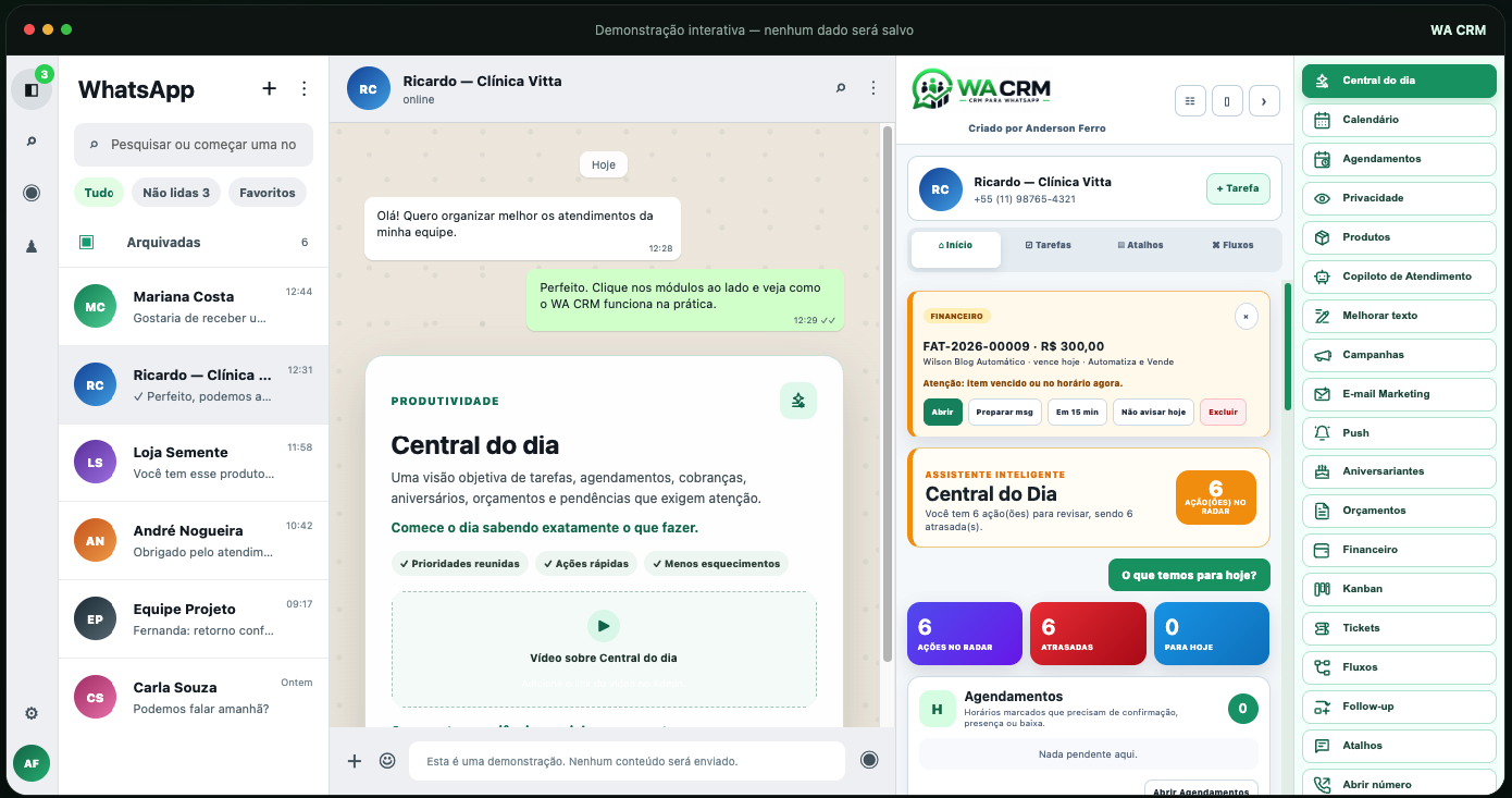 Tela completa do WhatsApp Web integrado ao WA CRM, com conversas, Central do Dia e módulos de gestão